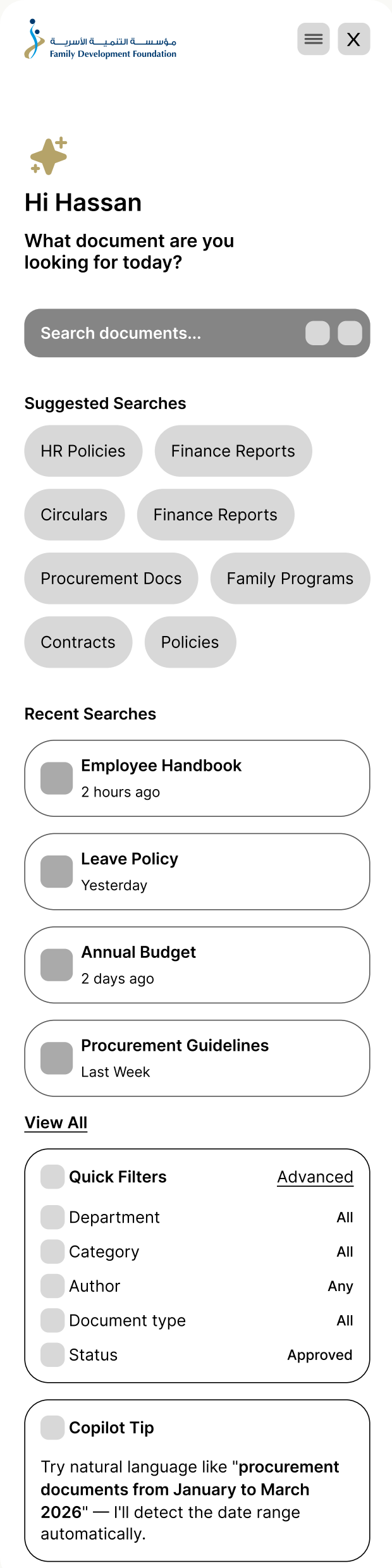 Extended home / Filters wireframe