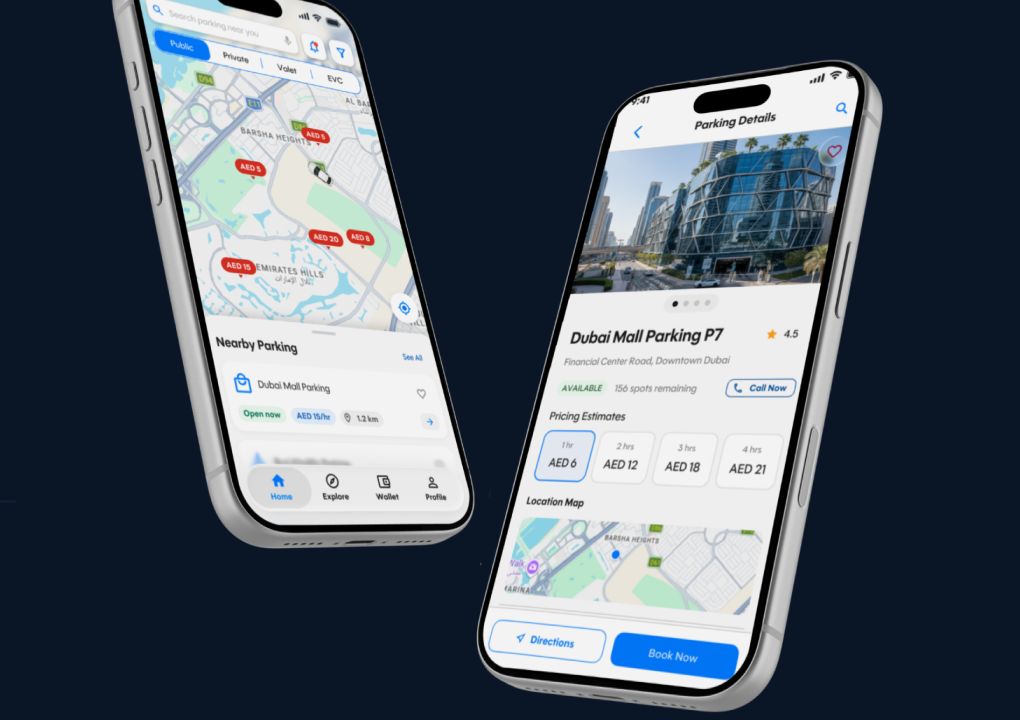 HalaPark 2.0 dual mobile phone mockups showing Map Discovery with dynamic price pins and Parking Details view with spot availability